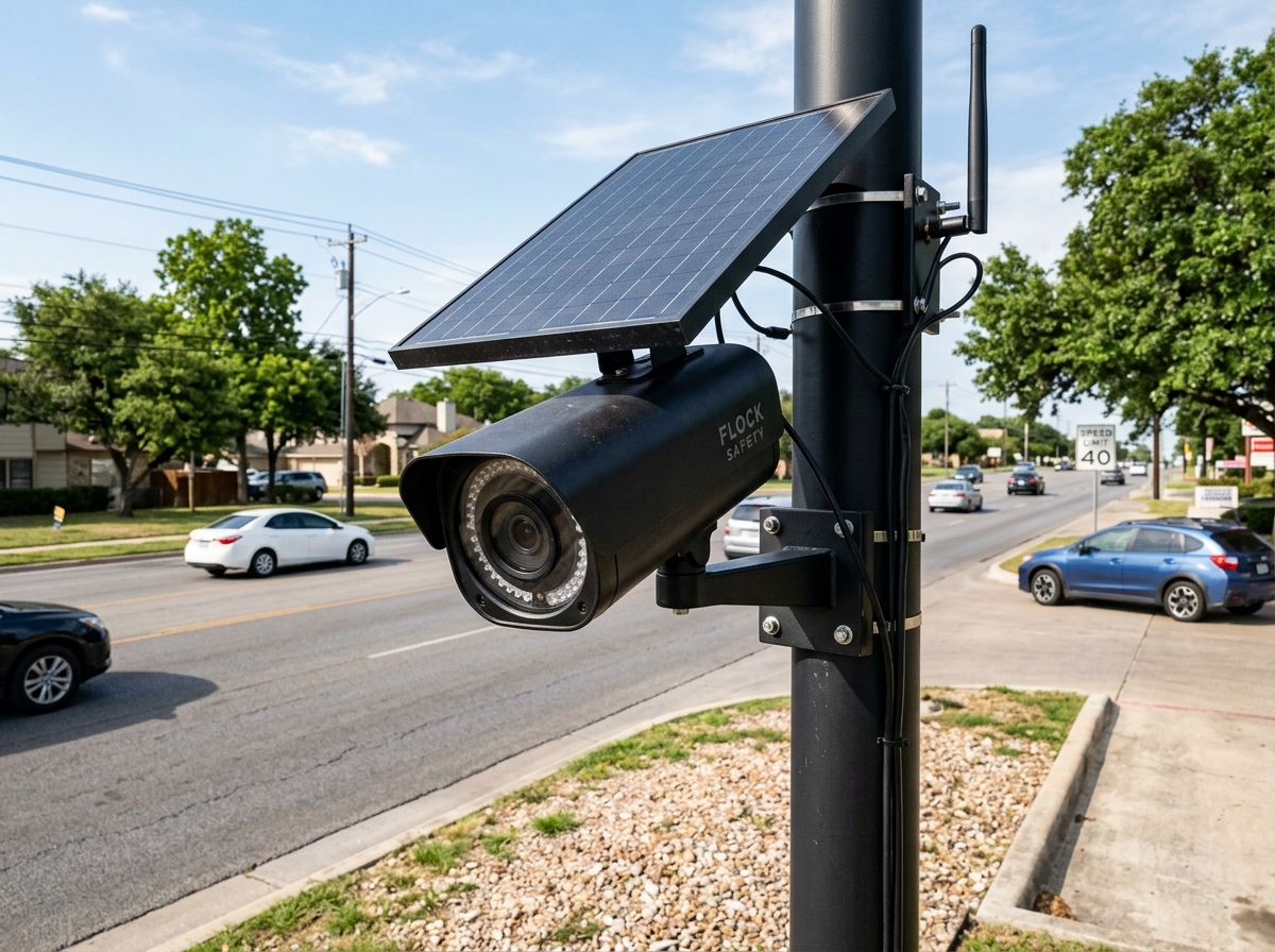 Flock Falcon camera hardware on pole with solar panel and infrared lens array